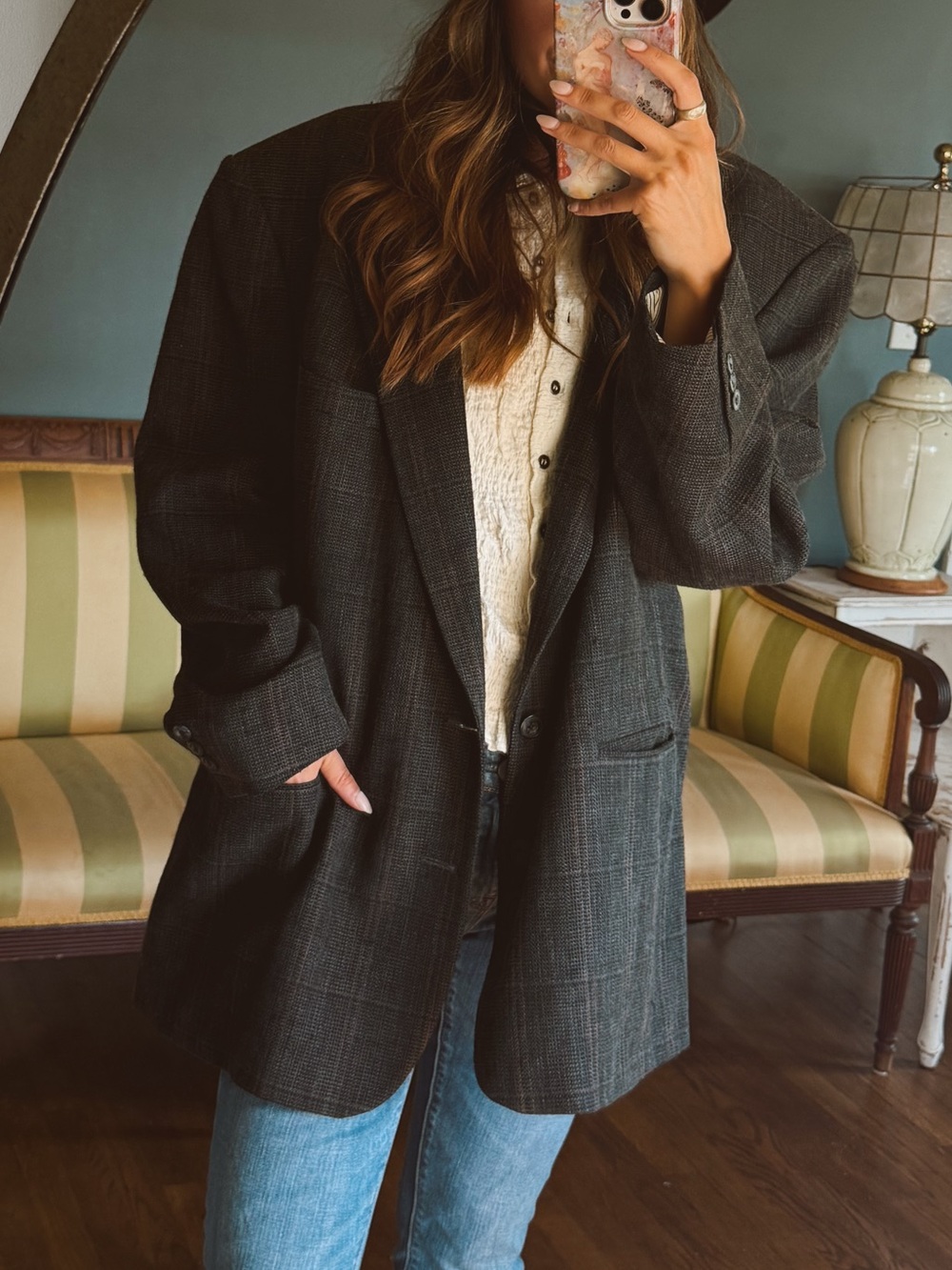 Gray Plaid Oversized Blazer Jacket